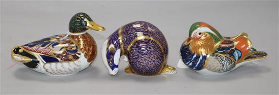 Three Royal Crown Derby paperweights, Mandarin Duck, Mallard Duck and Badger,